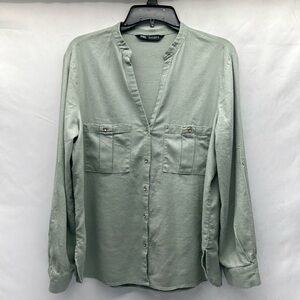 Zara Women’s Sage Green Linen Blend Top LG Roll Tab Sleeves Pockets Side Vents